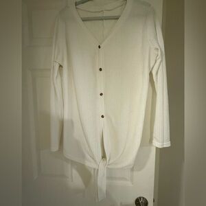 White Button-Up Long Sleeve Tee with Tie Front